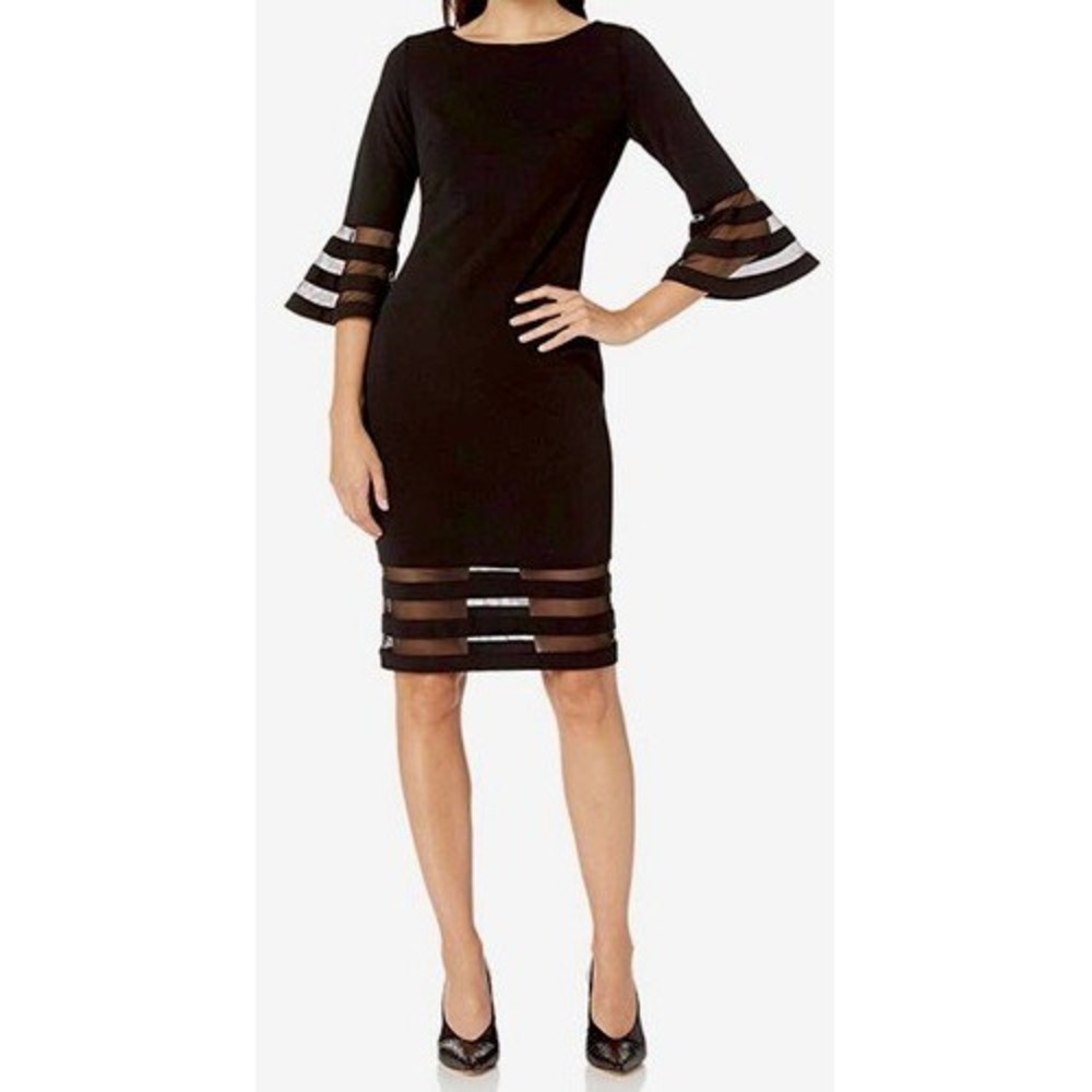 Calvin Klein Sheath Dress Women 16W Black Mesh Illusion Bell Sleeve CD8C16EX